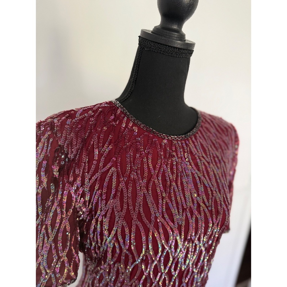 Vintage Laurence Kazar silk Sequin Dress Party Special Occasion Burgundy Size M - Picture 3 of 8